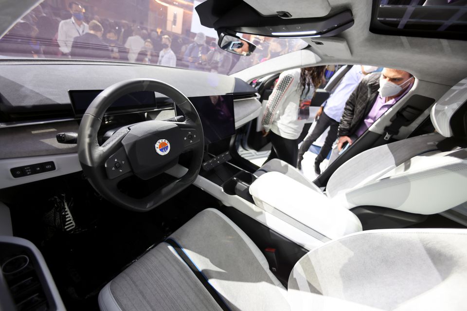 An interior view of the Fisker Ocean during the 2021 LA Auto Show in Los Angeles, California, U.S. November, 17, 2021. Photo: Reuters