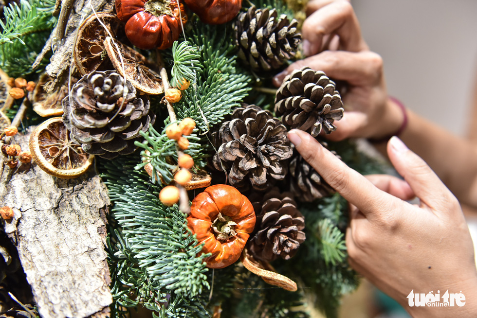 A woman tends to a pine tree meant for Christmas decoration in Ho Chi Minh City. Photo: Ngoc Phuong / Tuoi Tre