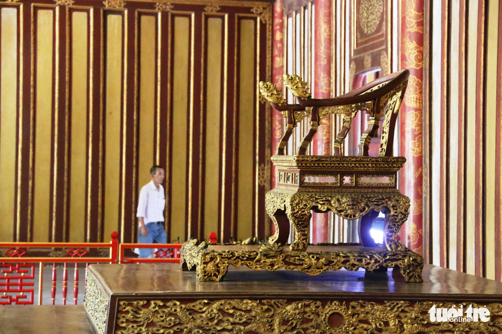 The throne is shown inside Thai Hoa Palace in the central Thua Thien-Hue Province, Vietnam. Photo: Nhat Linh / Tuoi Tre