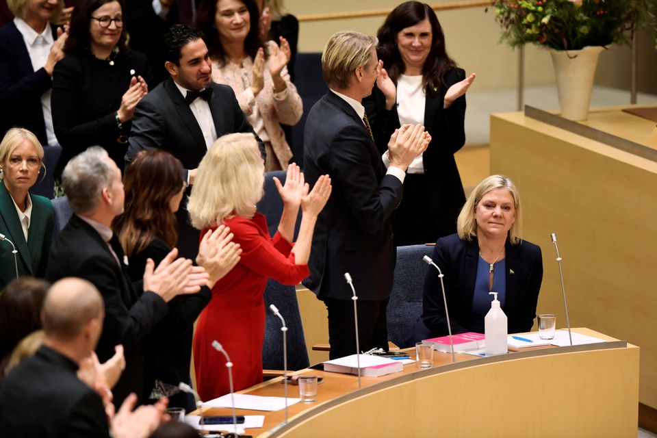 Current Finance Minister and Social Democrat leader Magdalena Andersson is congratulated after being appointed as the country's new Prime Minister following a voting at the Swedish Parliament Riksdagen in Stockholm, Sweden November 24, 2021. Photo: Erik Simander /TT News Agency/via Reuters