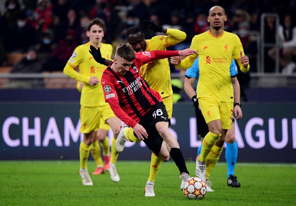 Soccer Football - Champions League - Group B - AC Milan v Liverpool - San Siro, Milan, Italy - December 7, 2021 AC Milan's Alexis Saelemaekers in action with Liverpool's Naby Keita. Photo: Reuters