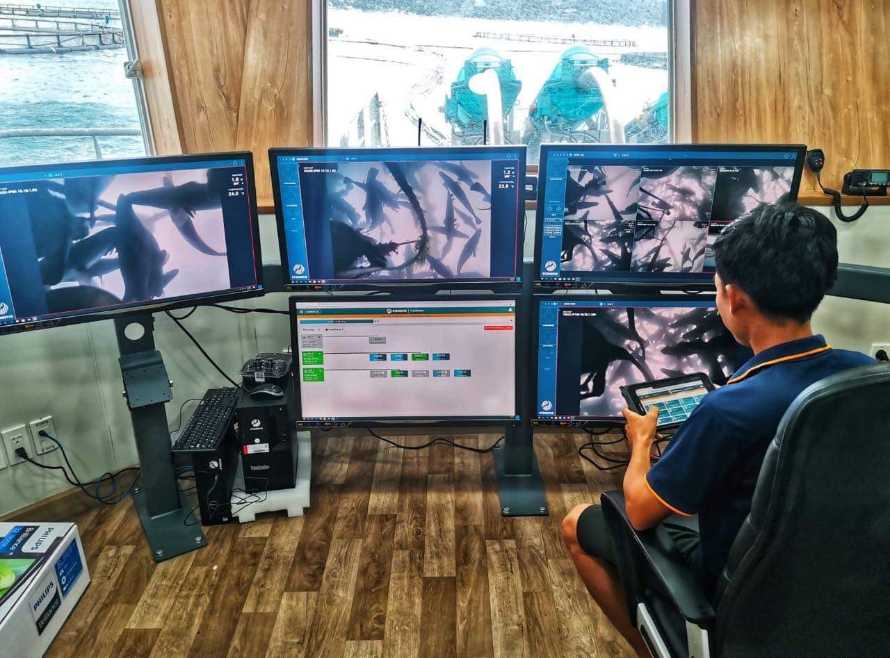 An engineer monitors aquaculture via computer screens at Australis Aquaculture in Khanh Hoa Province, Vietnam. Photo: B. Trang / Tuoi Tre