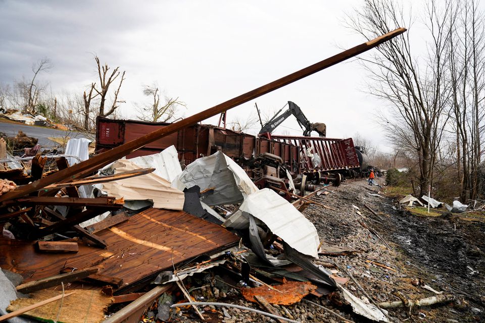 The scene of a train derailment is pictured after a devastating outbreak of tornadoes ripped through several U.S. states in Earlington, Kentucky, U.S. December 11, 2021. Photo: Reuters