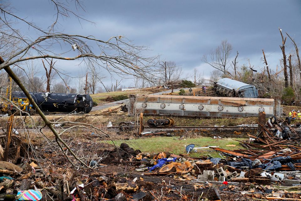 The scene of a train derailment is pictured after a devastating outbreak of tornadoes ripped through several U.S. states in Earlington, Kentucky, U.S. December 11, 2021. Photo: Reuters