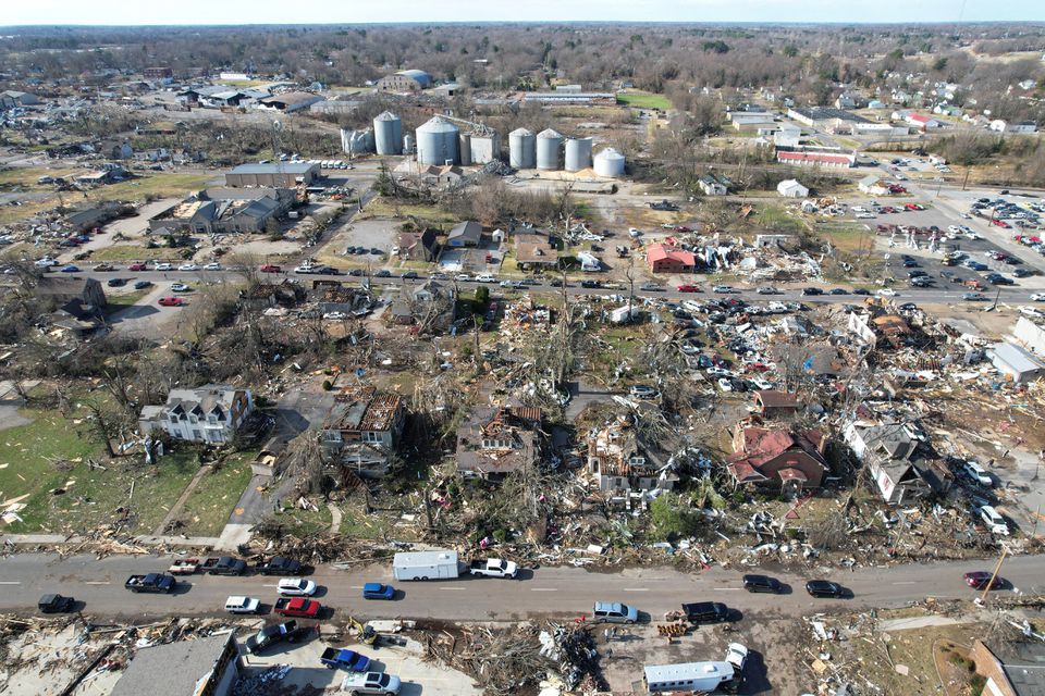 Damage after devastating outbreak of tornadoes ripped through several U.S. states, in Mayfield, Kentucky, U.S. December 11, 2021. Picture taken with a drone. Photo: Reuters