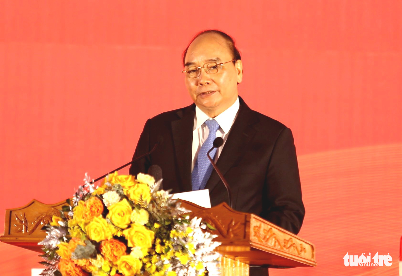 Vietnamese State President Nguyen Xuan Phuc speaks at the groundbreaking ceremony for the construction of VinES battery manufacturing factory in Ha Tinh Province, Vietnam, December 12, 2021. Photo: Le Minh / Tuoi Tre