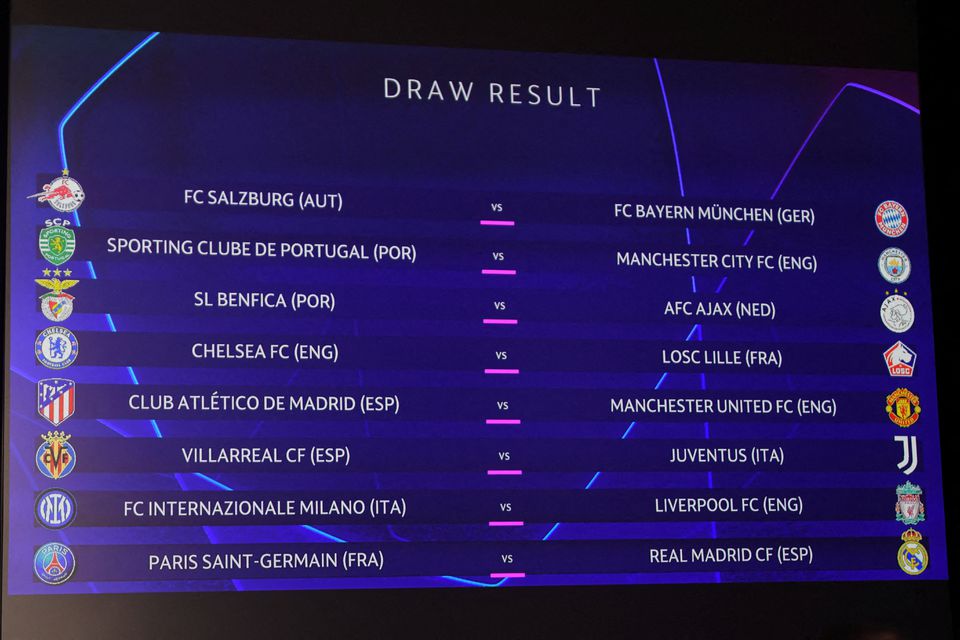 Soccer Football - Champions League - Round of 16 Draw - Nyon, Switzerland - December 13, 2021 The result of the Champions League 2021/22 Round of 16 Draw is displayed on the screen at the UEFA headquarters. The draw had to be redone following a technical problem. Photo: UEFA/Handout via Reuters
