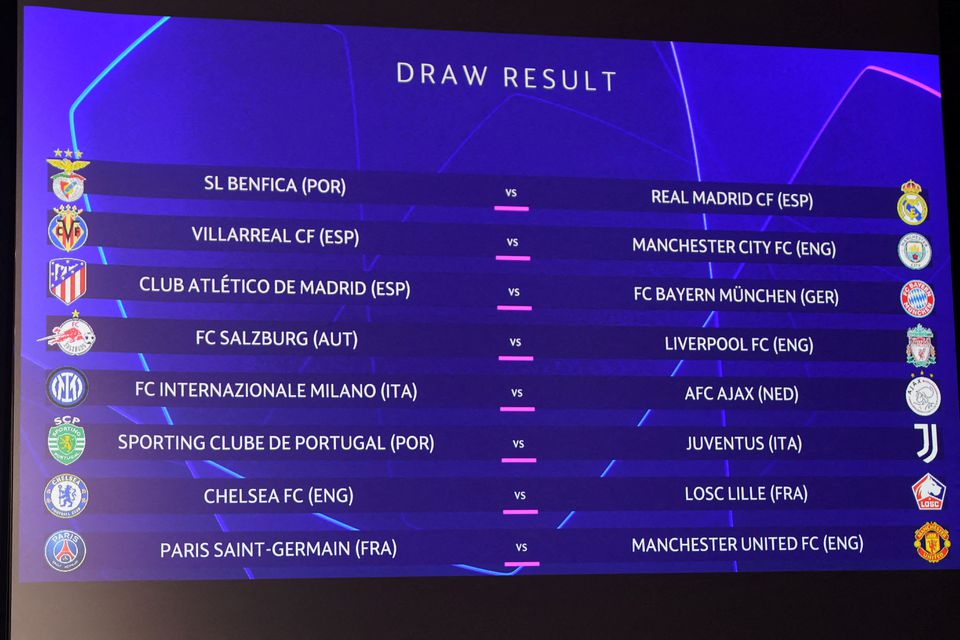 Soccer Football - Champions League - Round of 16 Draw - Nyon, Switzerland - December 13, 2021 The result of the Champions League 2021/22 Round of 16 Draw is displayed on the screen at the UEFA headquarters. Photo: UEFA/Handout via R