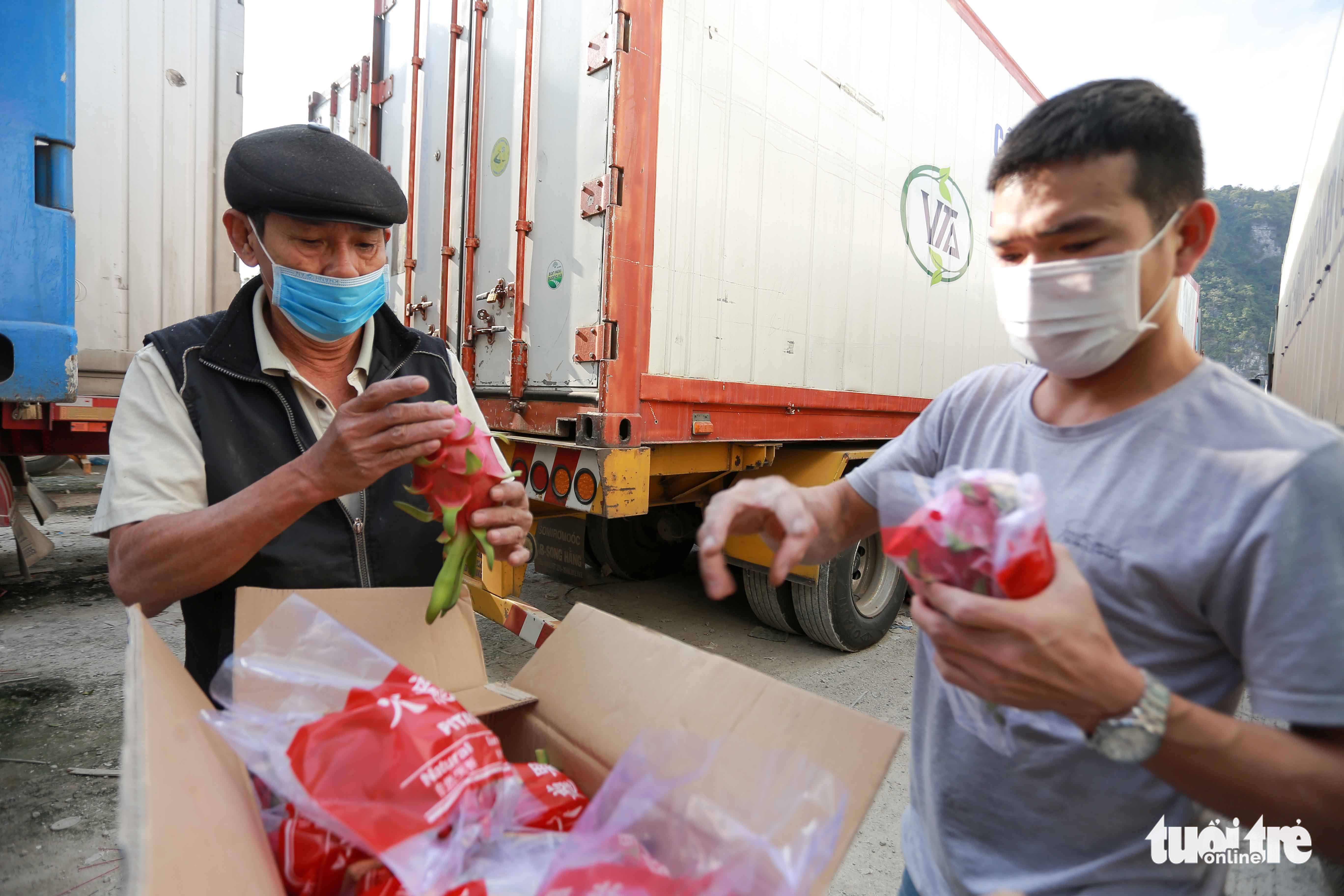 Truck drivers check the quality of their products at Tan Thanh Border Gate in Lang Son Province, December 18, 2021. Photo: Chi Tue / Tuoi Tre