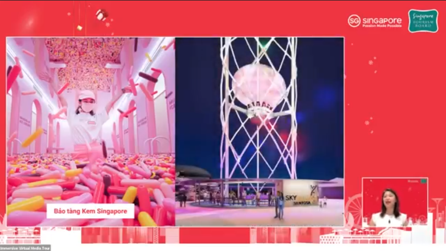 A screenshot shows Singapore Tourism Board (STB) Vietnam Director Sherleen Seah introducing new attractions in Singapore during a virtual tour held by STB for invited guests on December 22, 2021.