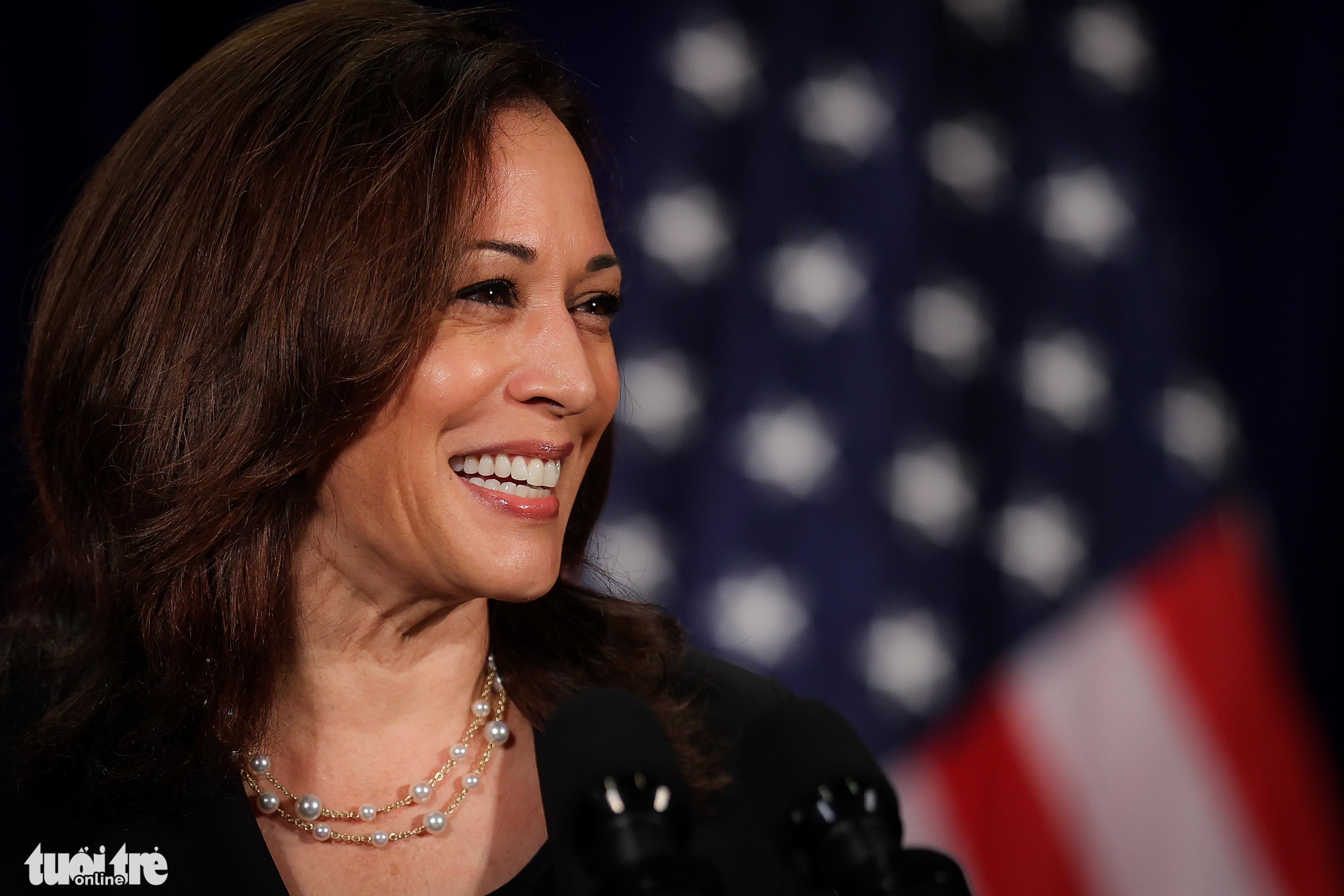 U.S. Vice President Kamala Harris at a press conference at the end of her business trip to Vietnam from August 24 to 26. Photo: Nguyen Khanh / Tuoi Tre
