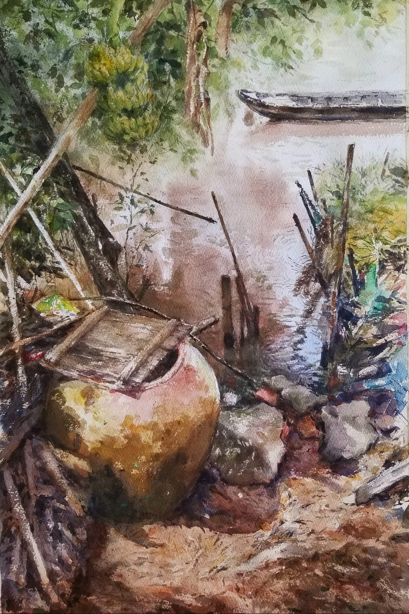 <em>This painting by Vincent Monluc shows a ceramic water jar by the verge of the Mekong River in Can Tho City, Vietnam.</em>