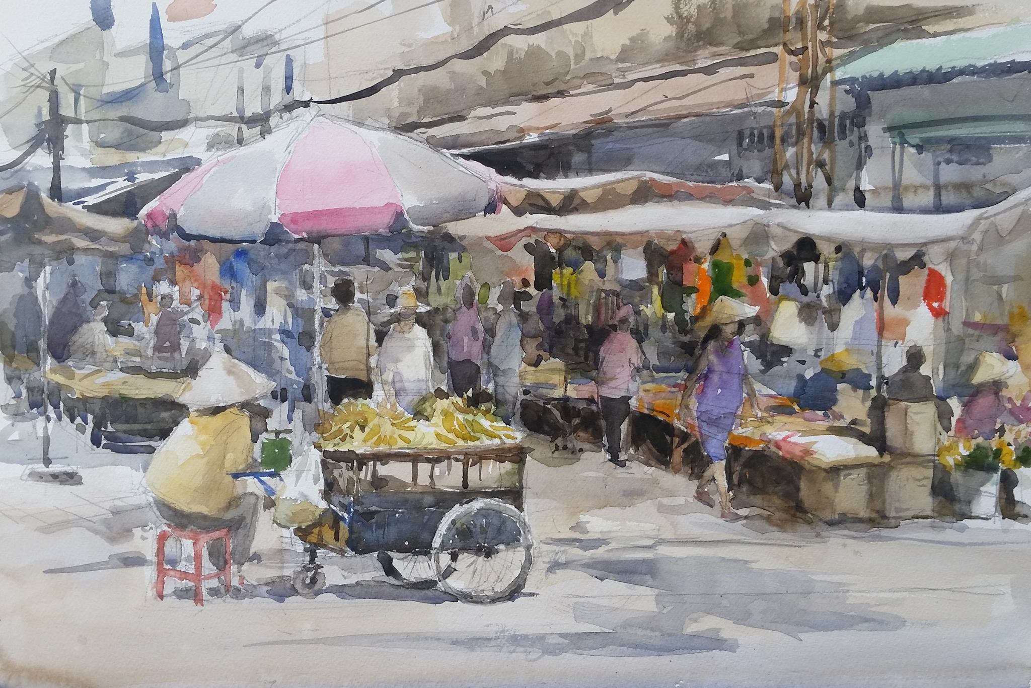 This painting by Vincent Monluc depicts a market in Ho Chi Minh City.