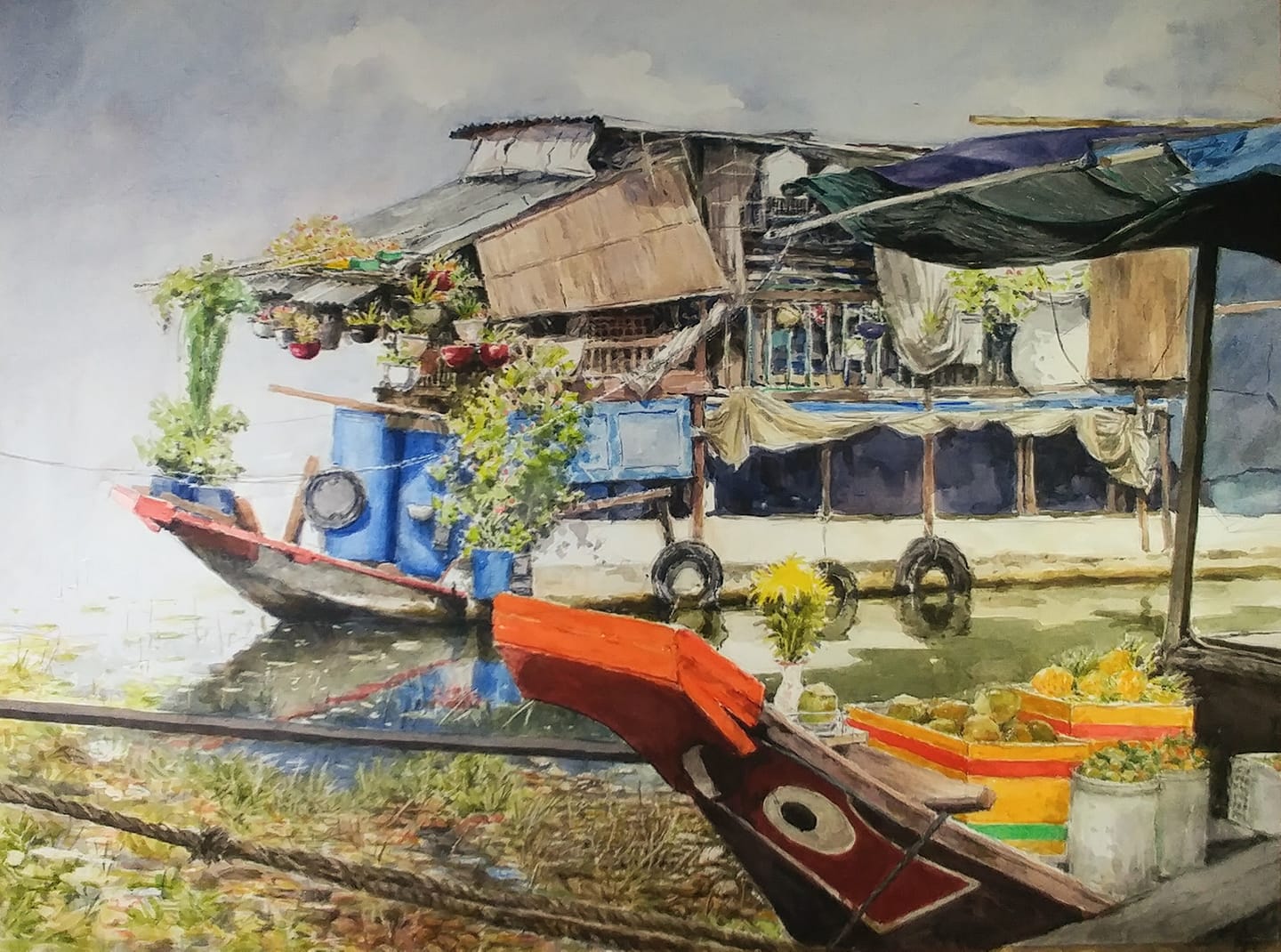 This painting by Vincent Monluc depicts boats carrying fruits and plants on the Saigon River.
