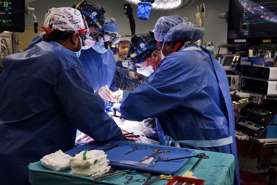 Surgeon Bartley P. Griffith, MD leads a team conducting a successful transplant of a genetically-modified pig heart on David Bennett, a 57-year-old patient with terminal heart disease, at University of Maryland Medical Center in Baltimore, Maryland, U.S. January 7, 2022. Picture taken January 7, 2022. University of Maryland School of Medicine (UMSOM)/Handout via Reuters