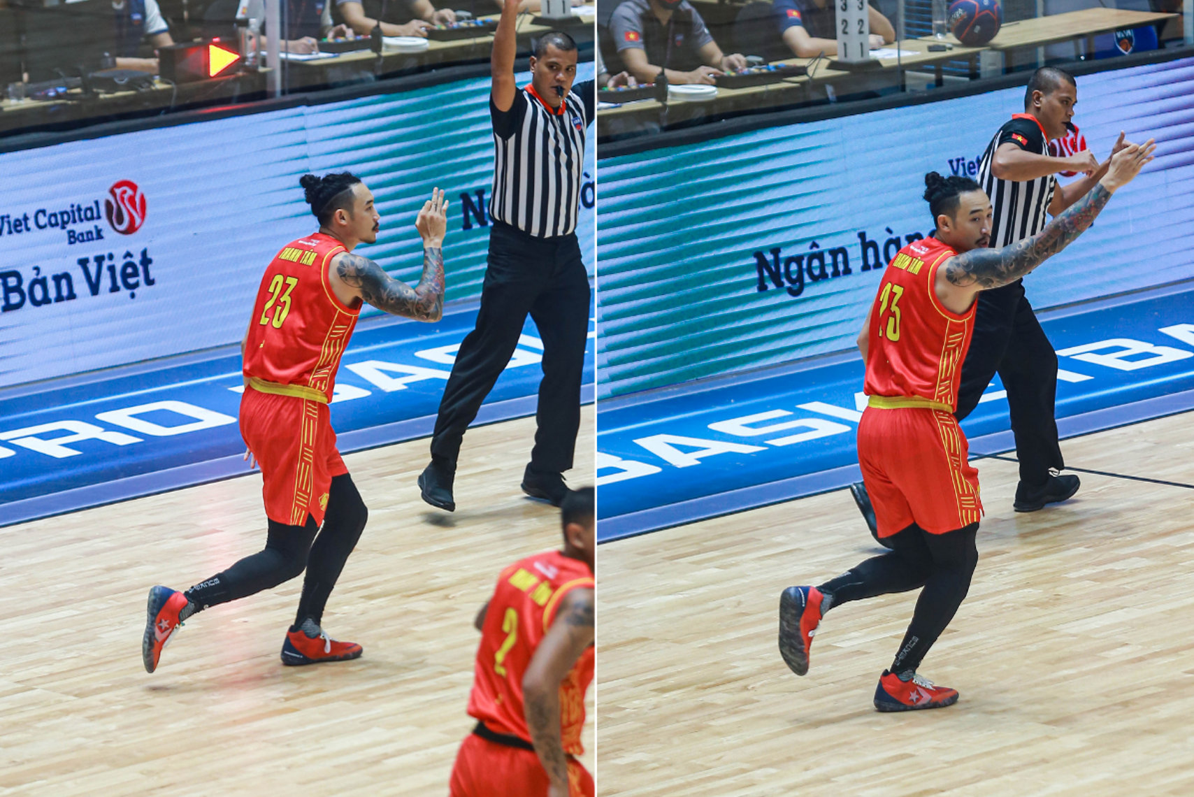 Tam Dinh of the Vietnamese national basketball team celebrates after sinking a three-pointer. Photo: VBA