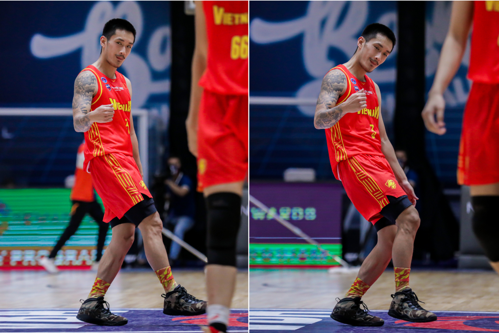 Khoa Tran of the Vietnamese national basketball team dances after scoring points for his team. Photo: VBA
