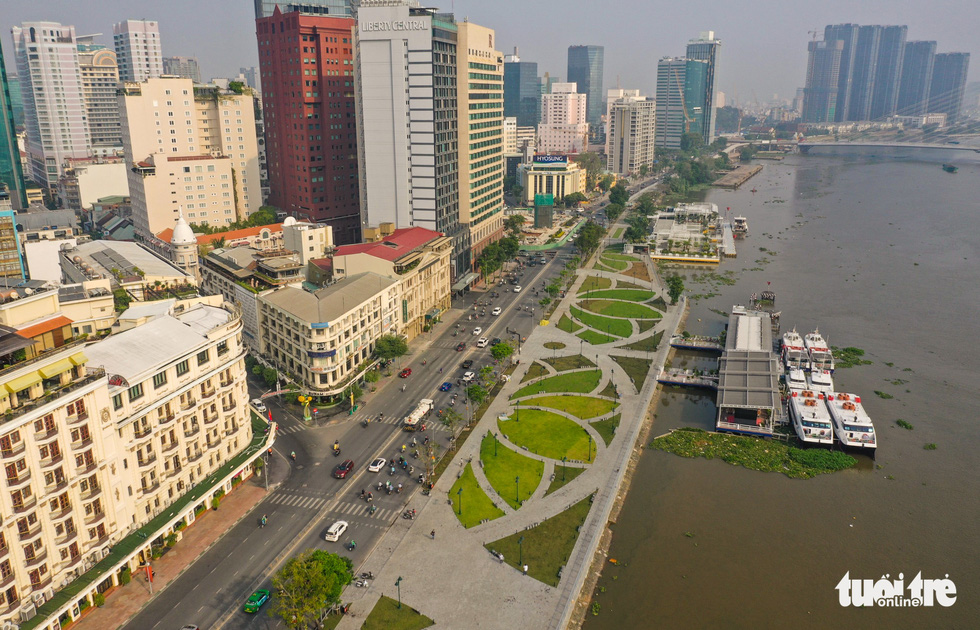 An aerial view of Bach Dang Wharf Park after renovation in District 1, Ho Chi Minh City. Photo: Tuoi Tre