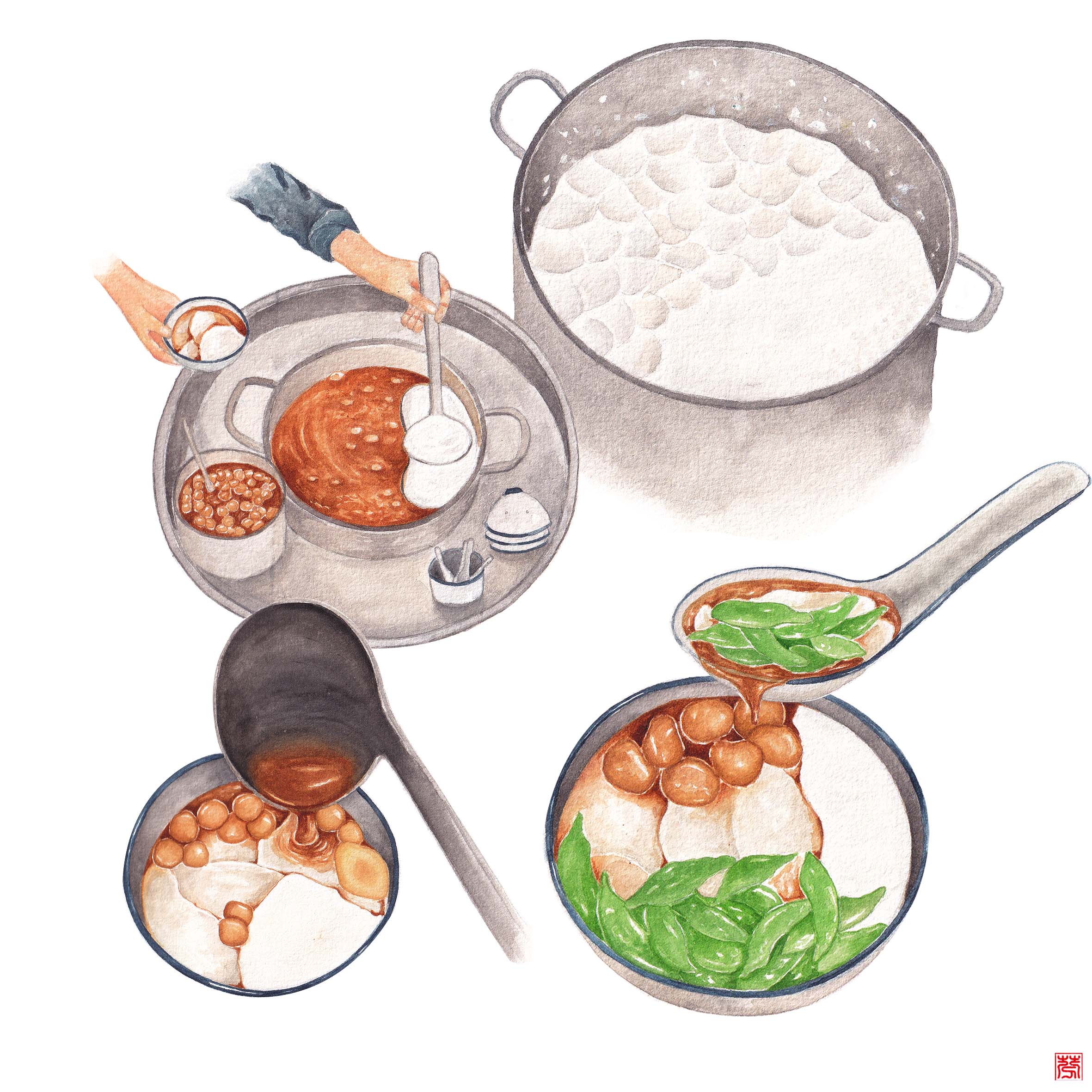 An illustration by @phanh_ phanh_0717 featuring Tau hu nuoc duong (tofu topped with sugar syrup).
