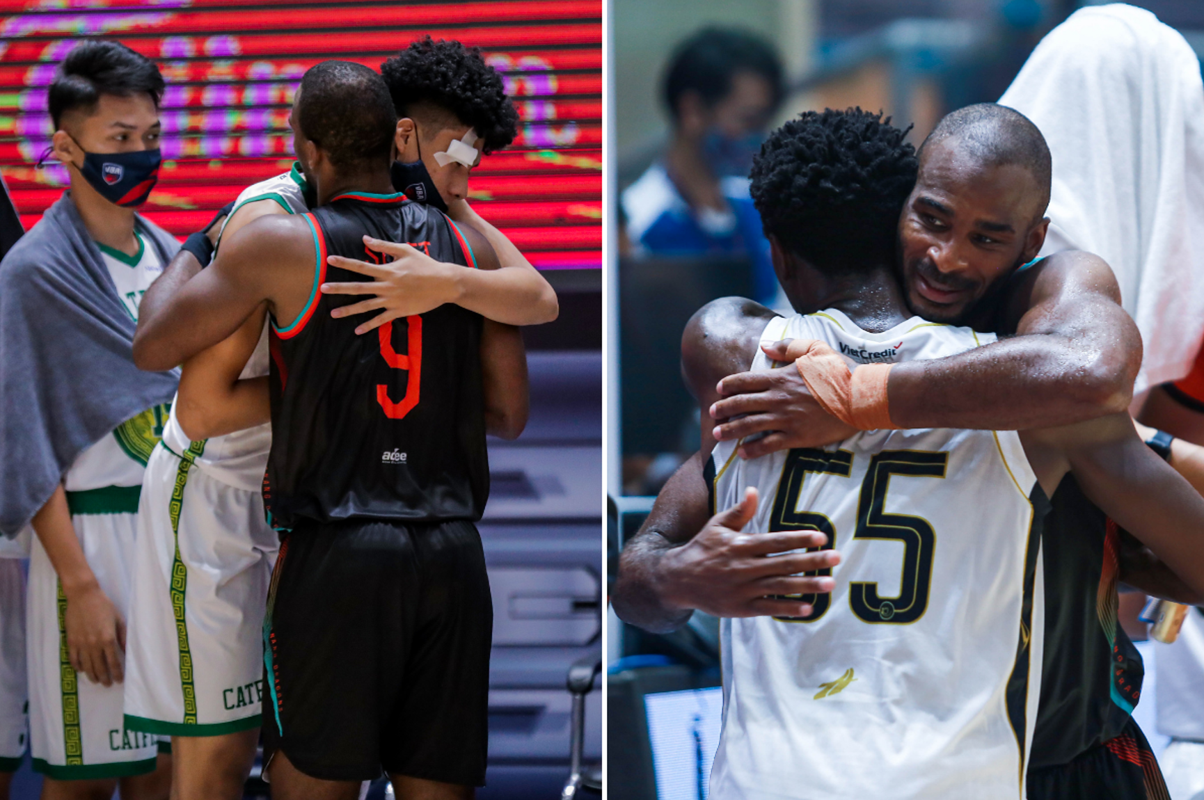 Akeem Scoot of Danang Dragons hugs his opponents following a collision at the VBA Premier Bubble Games. Photo: VBA