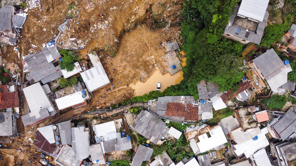 An overview of a site of a mudslide at Morro da Oficina after pouring rains in Petropolis, Brazil February 16, 2022. Picture taken with a drone. Photo: Reuters