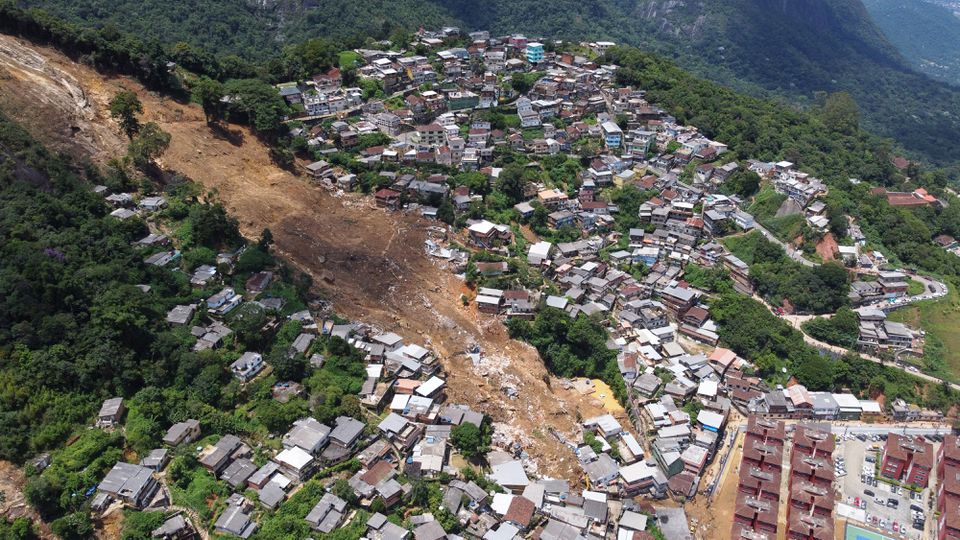 An aerial view of a mudslide site at Morro da Oficina after pouring rains in Petropolis, Brazil February 17, 2022 in this picture taken with a drone. Photo: Reuters