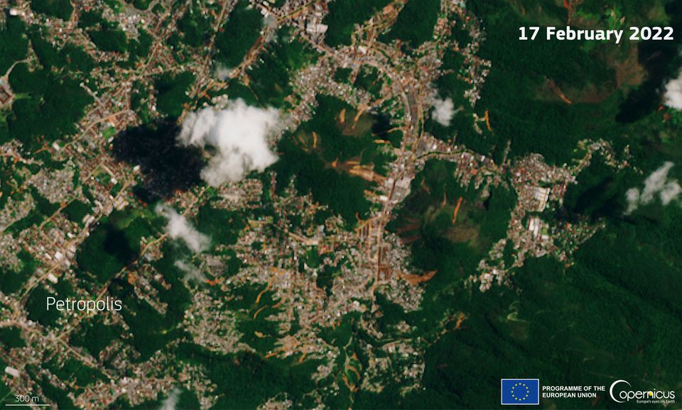 A satellite image shows landslides at an area affected by floods in Petropolis, Brazil February 17, 2022. Courtesy of European Union, Copernicus Sentinel-2 Imagery processed by @DEFIS_EU/Handout via Reuters