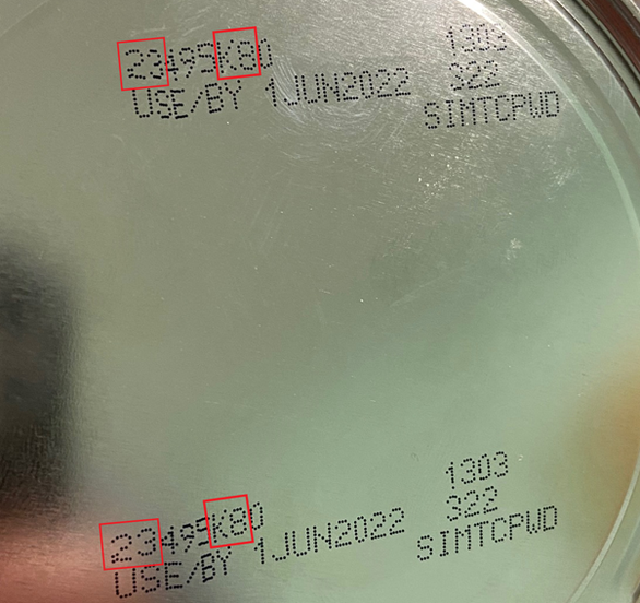 This image shows the signs (inside red lines) included in the codes on U.S.-based Abbott Nutrition’s baby formulas products that have been found potentially containing harmful bacteria Cronobacter sakazakii and Salmonella Newport. Photo: VFA