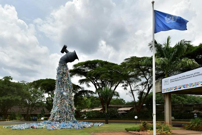 A monument themed 'turn off the plastics tap' by Canadian activist and artist, Benjamin von Wong, using waste retrieved from Nairobi's largest slum, Kibera, stands outside the United Nations Environment Programme Headquarters in Nairobi. Photo: AFP