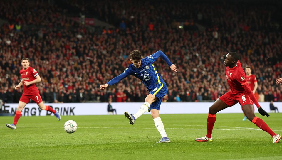 Soccer Football - Carabao Cup Final - Chelsea v Liverpool - Wembley Stadium, London, Britain - February 27, 2022 Chelsea's Kai Havertz scores their first goal before it is disallowed. Photo: Reuters