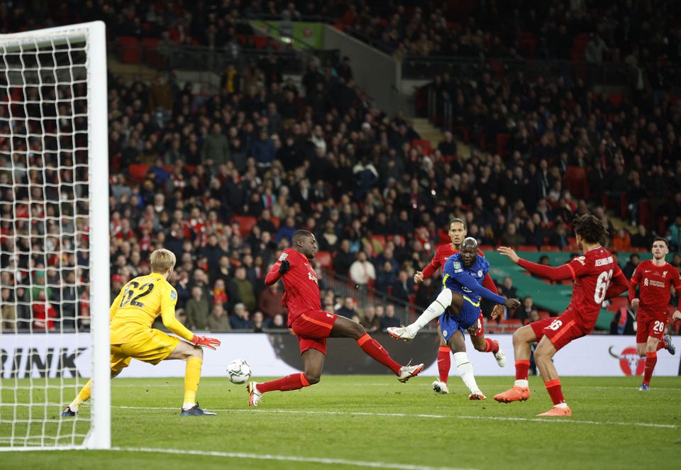 Soccer Football - Carabao Cup Final - Chelsea v Liverpool - Wembley Stadium, London, Britain - February 27, 2022 Chelsea's Romelu Lukaku scores their first goal before it is disallowed after a VAR review. Action Images via Reuters