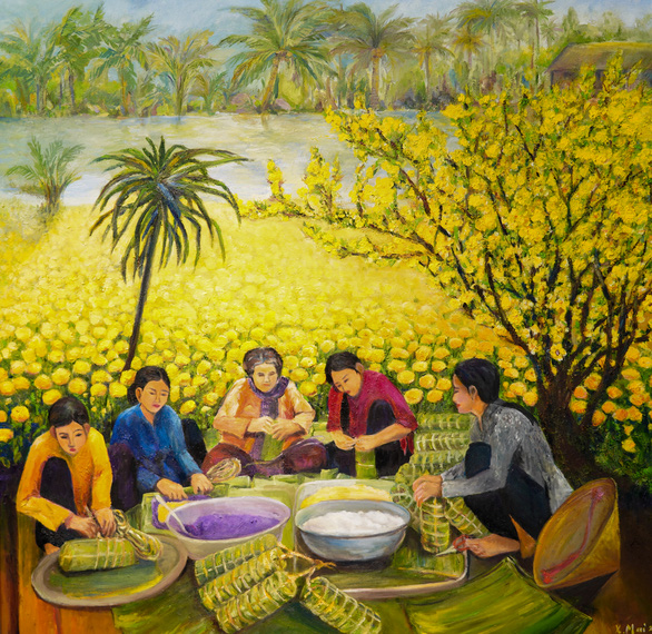 A painting vividly depicts the vibrant atmosphere of traditional Lunar New Year (Tet) holiday in Vietnam’s countryside.