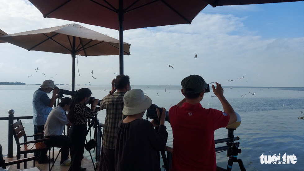 Photographers gather at a beach in Rach Gia City, Kien Giang Province, Vietnam to take photos of seagulls. Photo: Chi Cong / Tuoi Tre