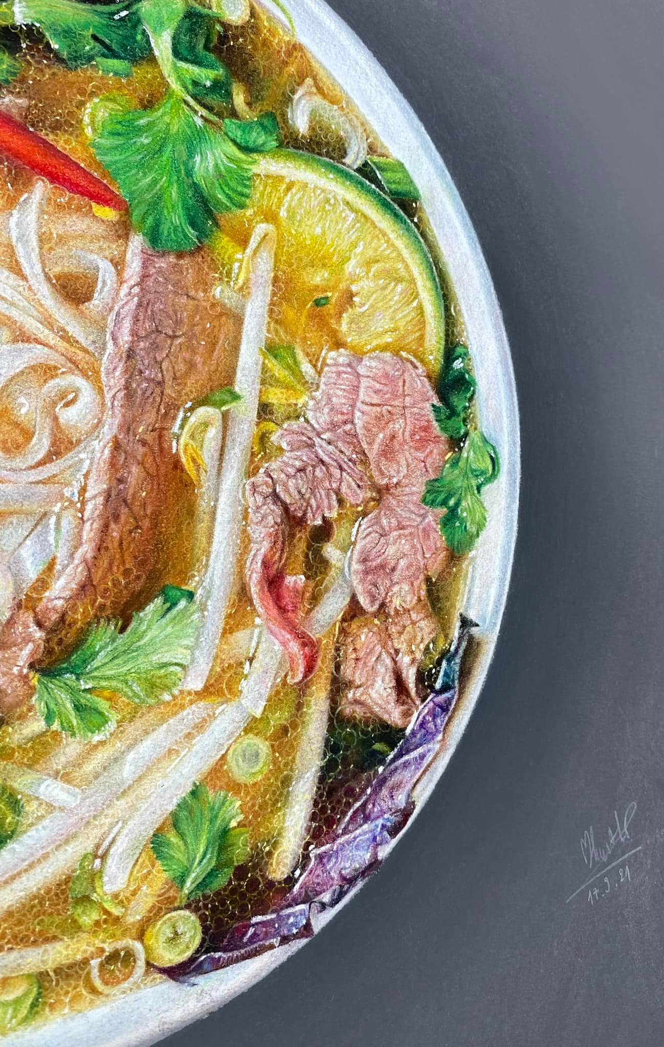 This painting of a bowl of 'pho' is drawn with chalk by Le Dai Phat. Photo: Le Dai Phat / Handout via Tuoi Tre