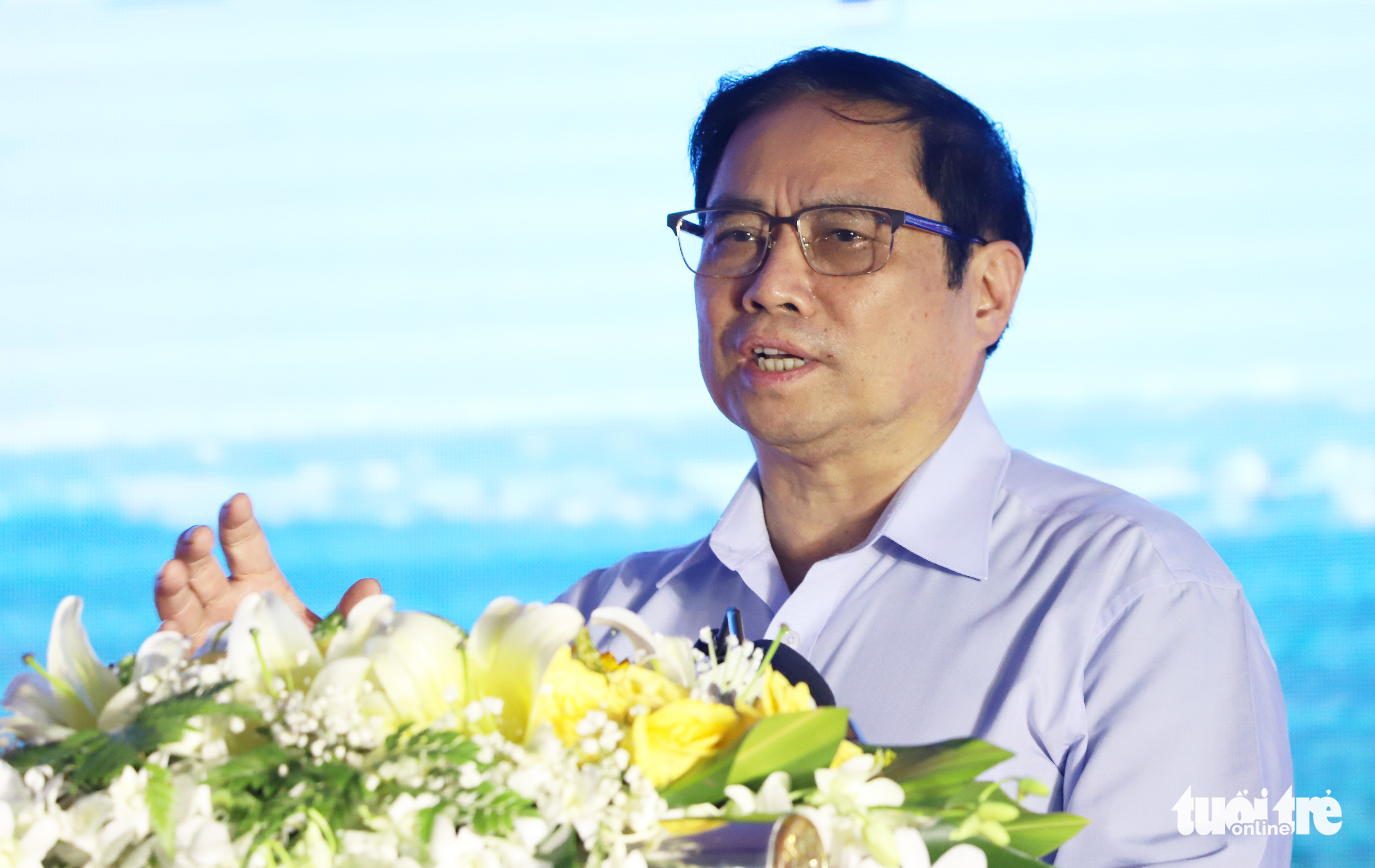 Vietnamese Prime Minister Pham Minh Chinh speaks at the inauguration of the Cai Lon-Cai Be irrigation system in Kien Giang Province, March 5, 2022. Photo: Chi Quoc / Tuoi Tre