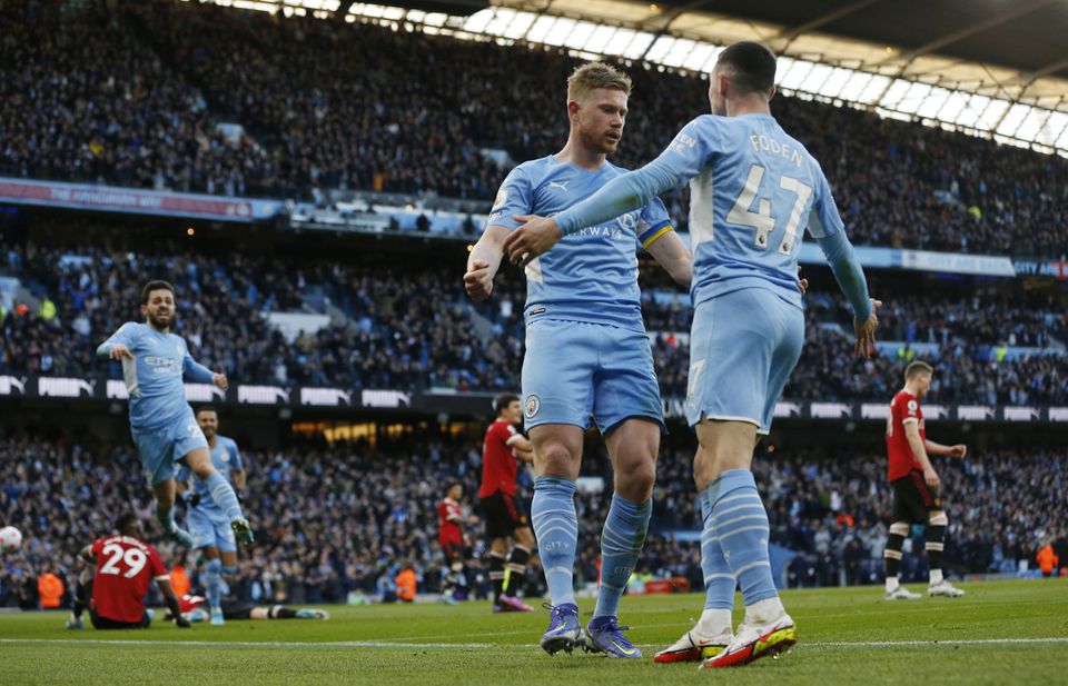 Manchester City's Kevin De Bruyne celebrates scoring their second goal with Phil Foden. Photo: Reuters