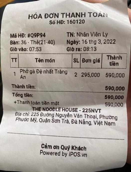 This image shows a bill, posted on social media, showing a bowl for chicken pho was priced at VND295,000 (nearly $13) at the Noodle House in Vietnam’s central Da Nang City.
