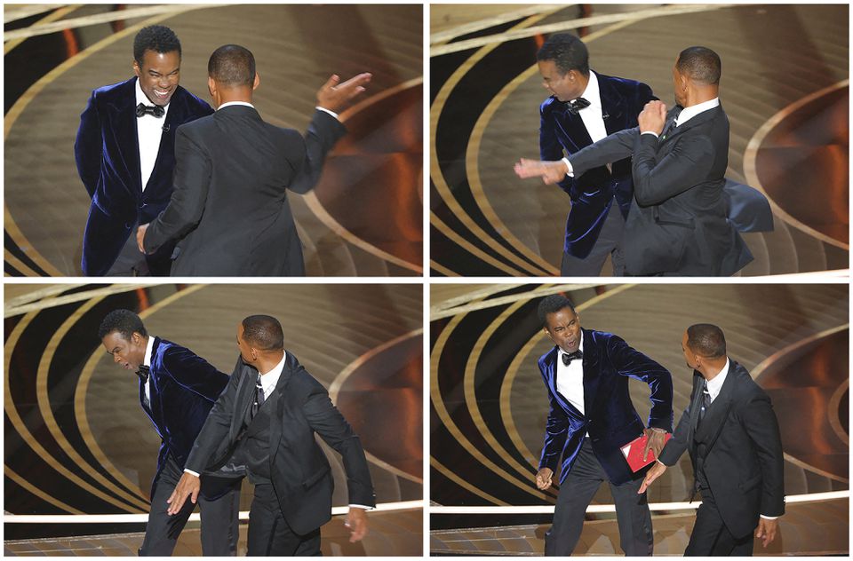 Combination picture showing Will Smith hiting Chris Rock as Rock spoke on stage during the 94th Academy Awards in Hollywood, Los Angeles, California, U.S., March 27, 2022. Photo: Reuters