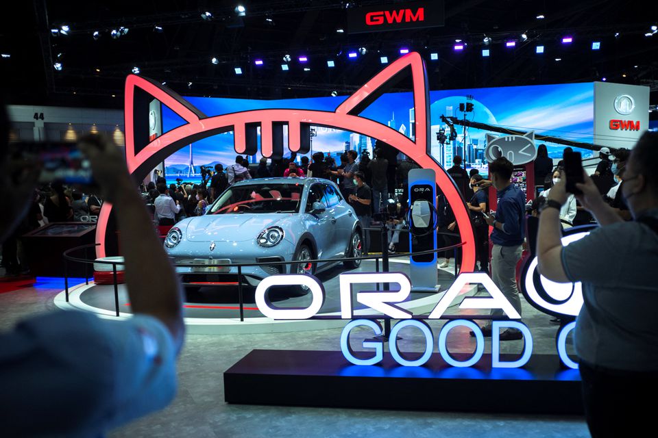 EV car Good Cat by Ora, a brand by Great Wall Motors, is displayed at the Bangkok International Motor Show in Bangkok, Thailand, March 22, 2022. Picture taken March 22, 2022. Photo: Reuters