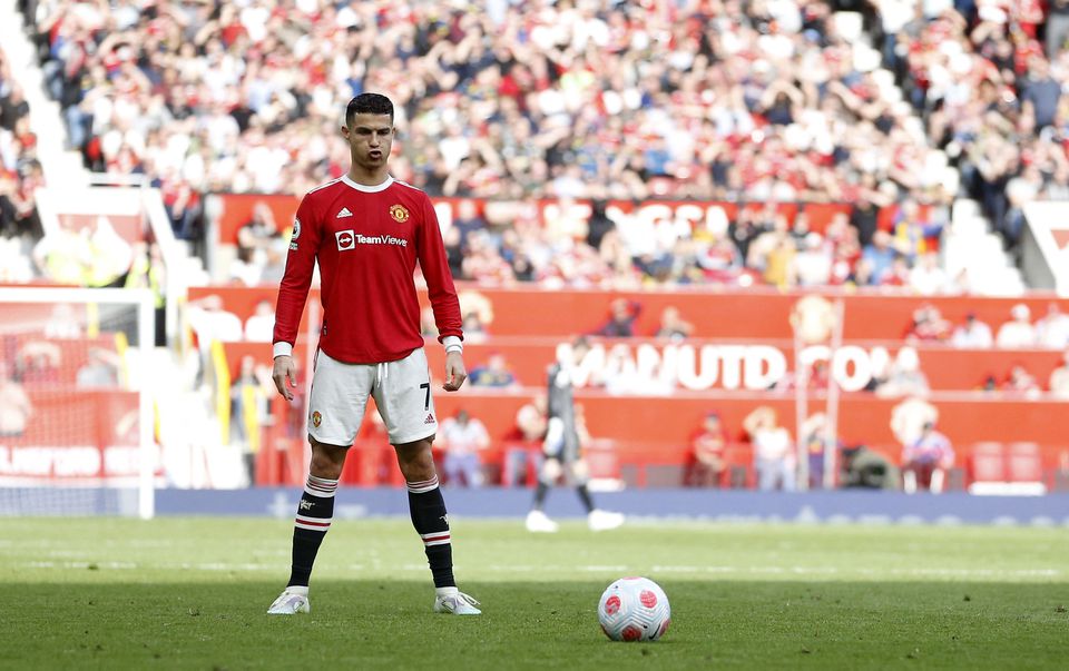 Soccer Football - Premier League - Manchester United v Norwich City - Old Trafford, Manchester, Britain - April 16, 2022 Manchester United's Cristiano Ronaldo before he scores their third goal from a free kick and his hat-trick. Photo: Reuters