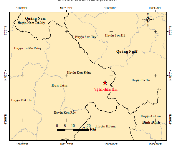 A map detailing the epicenter of an earthquake that occurred in Kon Plong District, Kon Tum Province, Vietnam, April 18, 2022. Photo: Tran Van / Tuoi Tre