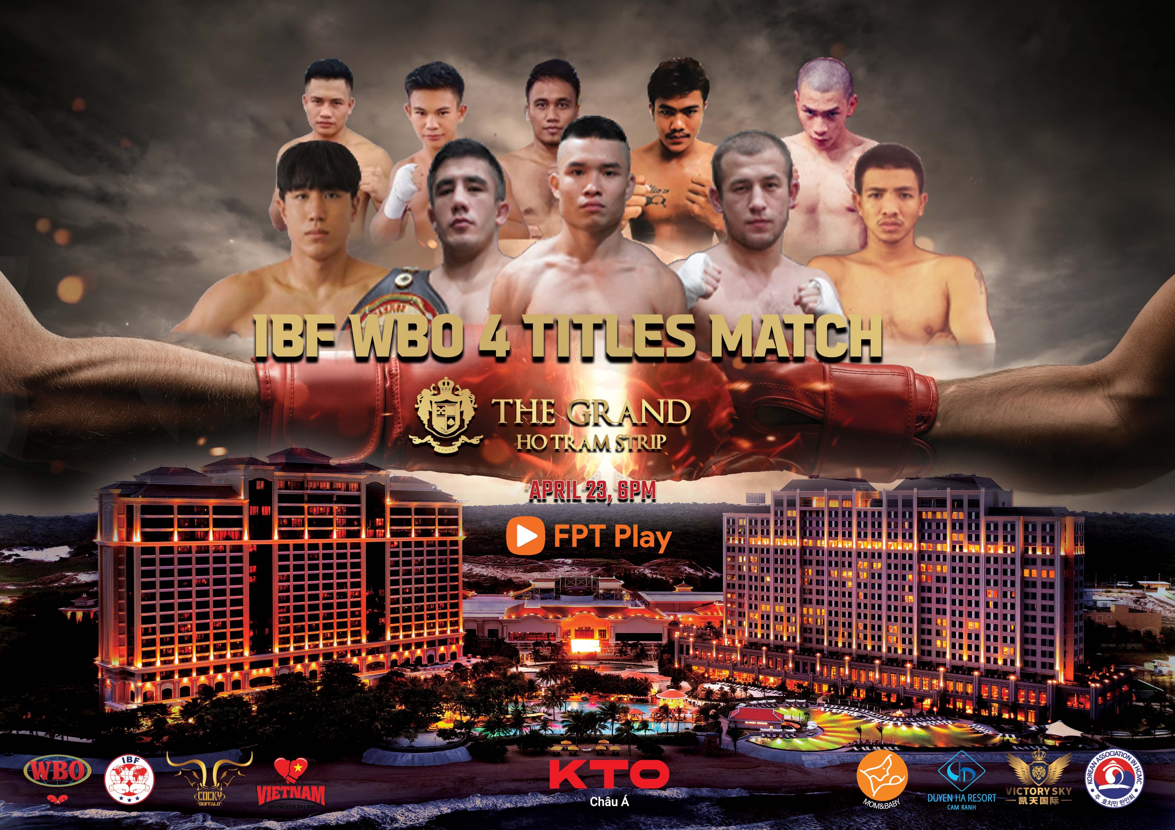 Dinh Hong Quan (front, center) with nine other fighters who compete in the IBF and WBO titles event on April 23, 2022. Photo: Cocky Buffalo