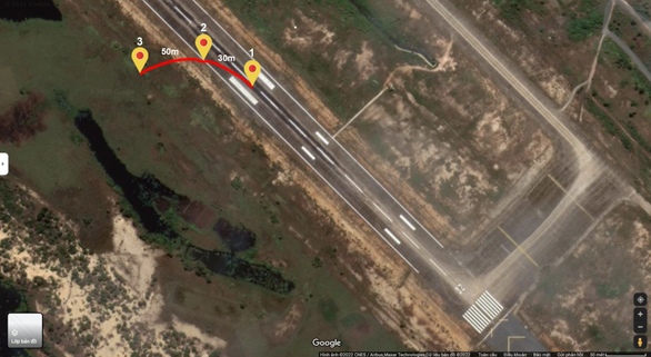 This image shows (1) the touchdown point, (2) the runway edge where the plane crossed, and (3) the location on the grass where the plane stopped. Photo: CAAV