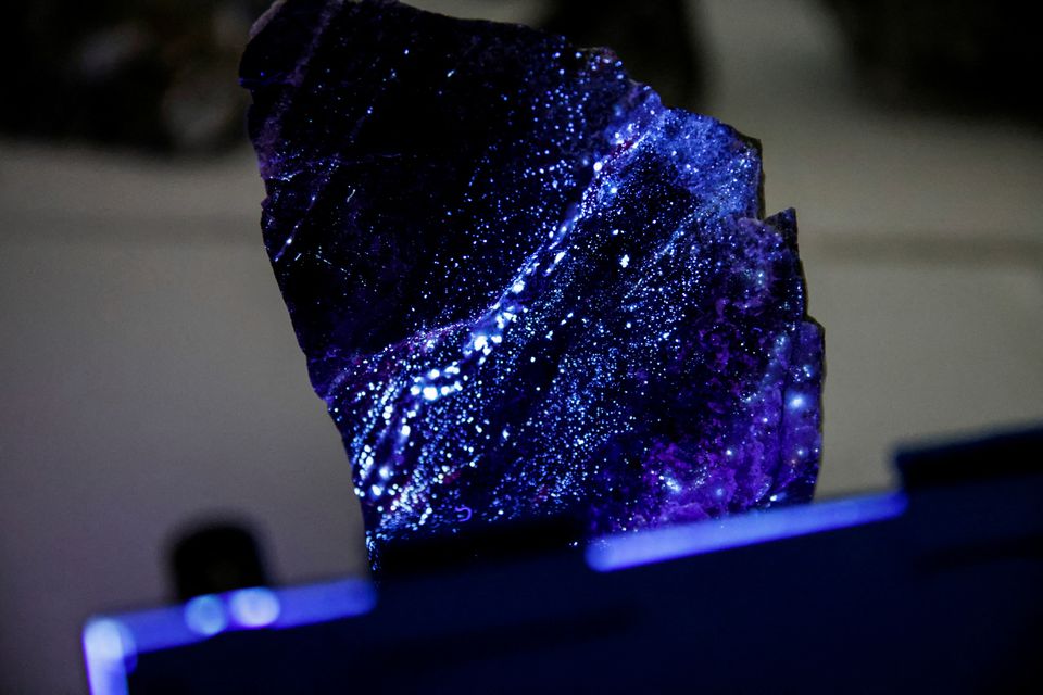 Tungsten is illuminated with mineral light at an Almonty office near a mine in Gangwon Province, South Korea, March 31, 2022. Photo: Reuters