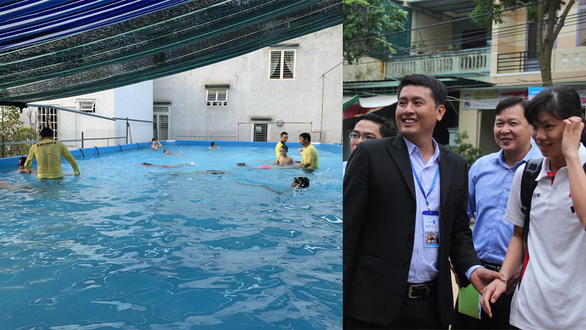 An assembled swimming pool by Huynh Duc Linh (left photo) and Linh and Nguyen Thi Anh Vien, a national-record holding swimmer (right photo).
