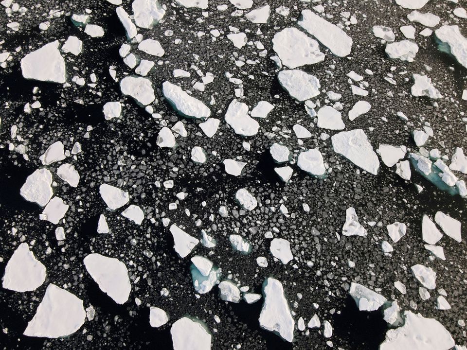An aerial view of floating ice taken by a drone launched from Greenpeace's Arctic Sunrise ship in the Arctic Ocean, September 15, 2020. Photo: Reuters