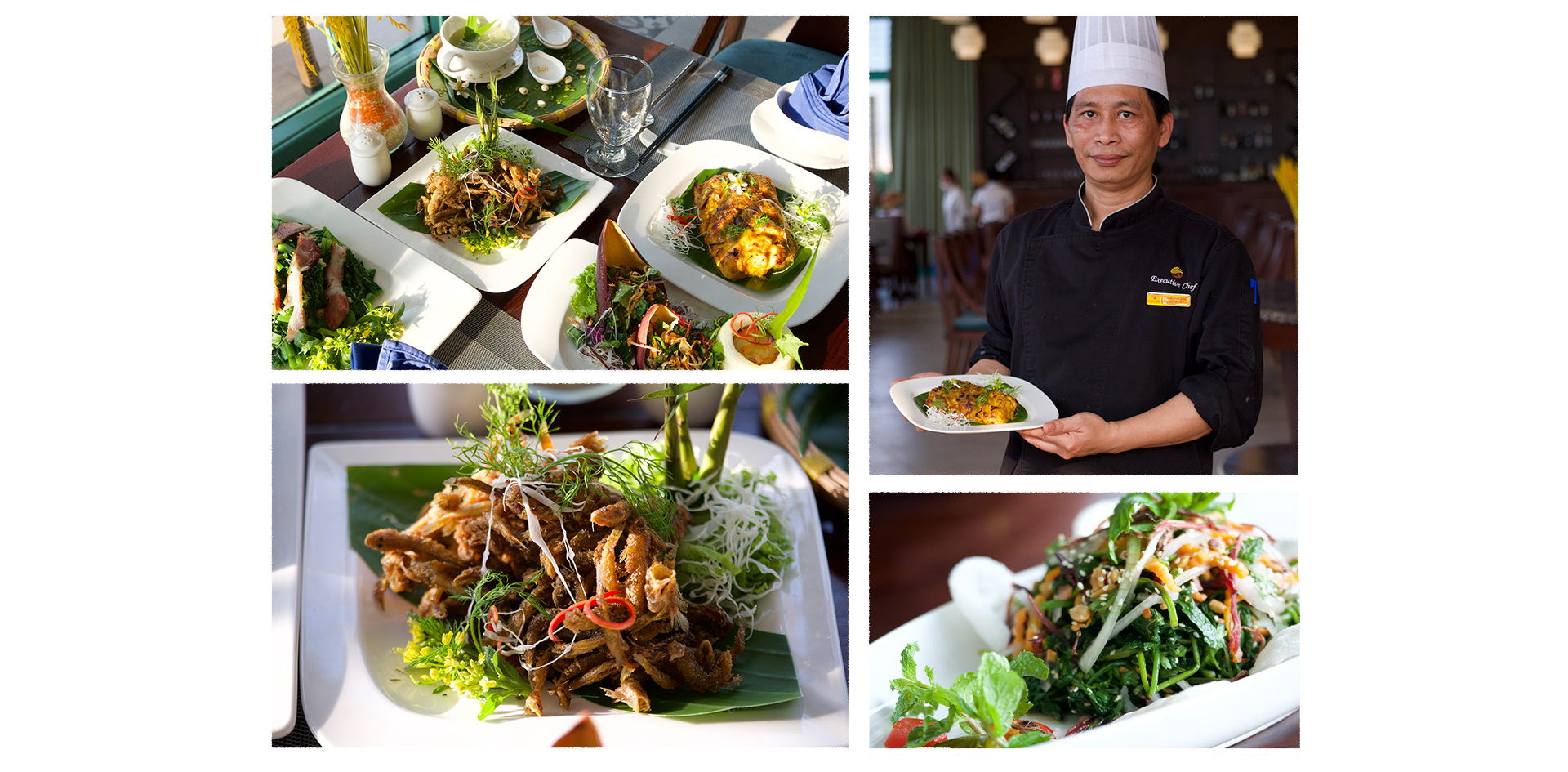 This photo shows Nguyen Thanh Vu, a sous-chef, and various dishes served at Le Champ Tu Le Resort Hot Spring & Spa in Van Chan District, Yen Bai Province, Vietnam. Photo: Nam Tran / Tuoi Tre