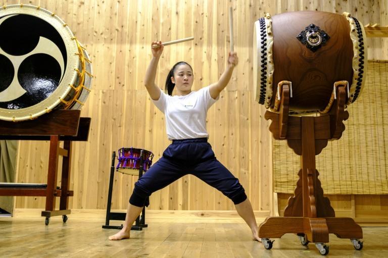 This photo taken on May 7, 2022 shows Japanese taiko drum performer Hana Ogawa of the Kodo troupe warming up before a performance on Sado island. Photo: AFP