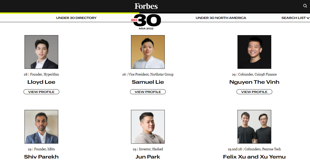 This screenshot shows blockchain-based decentralized finance company Coin98's co-founder Nguyen The Vinh honored in the 2022 Forbes 30 Under 30 Asia list.