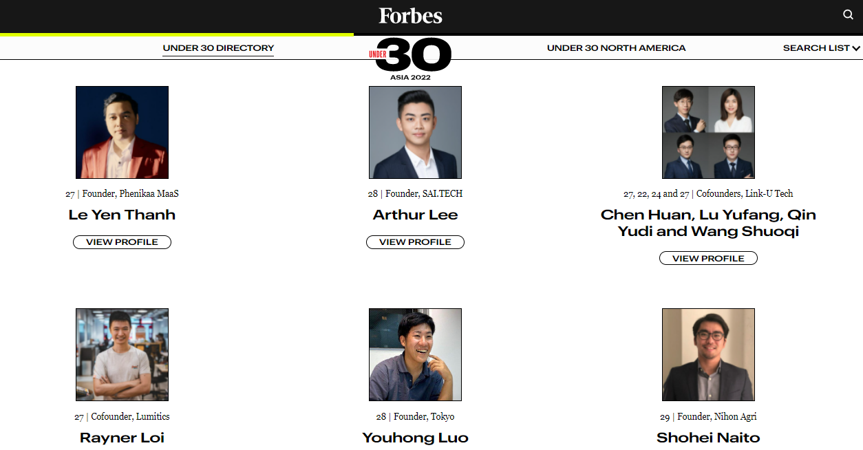 This screenshot shows smart mobility solutions startup Phenikaa MaaS' founder Le Yen Thanh honored in the 2022 Forbes 30 Under 30 Asia list.